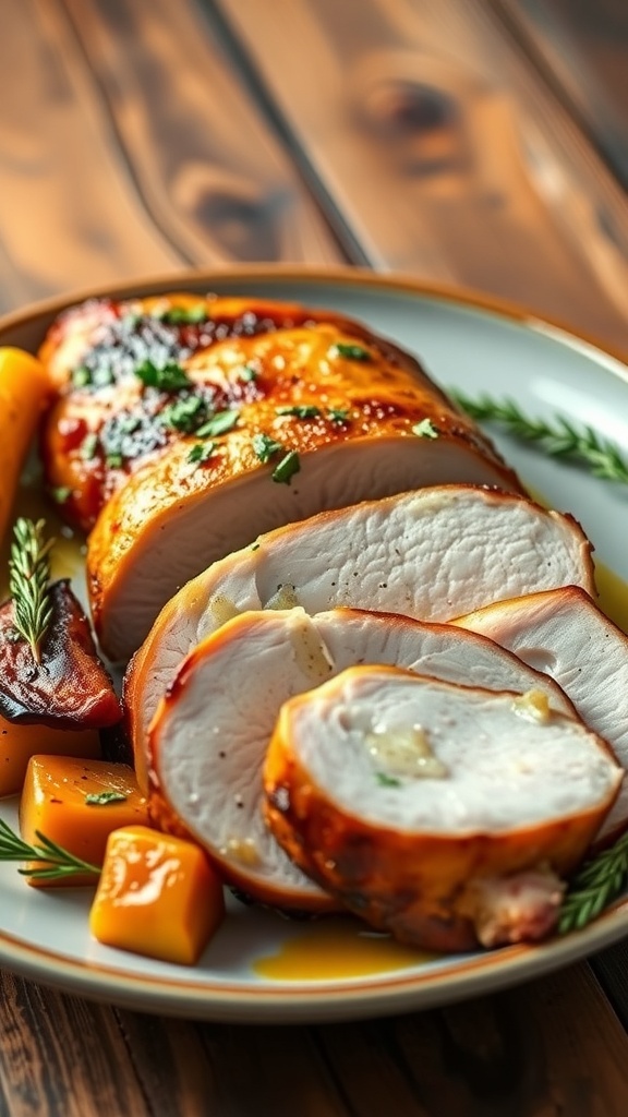 Crispy Air Fryer Pork Fillet Recipe Sliced air fryer pork fillet garnished with herbs, served with roasted vegetables on a rustic table.